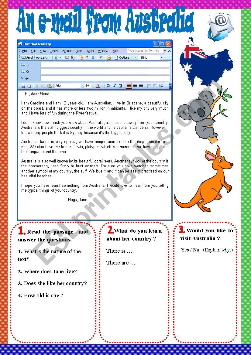 An e-mail from Australia. worksheet