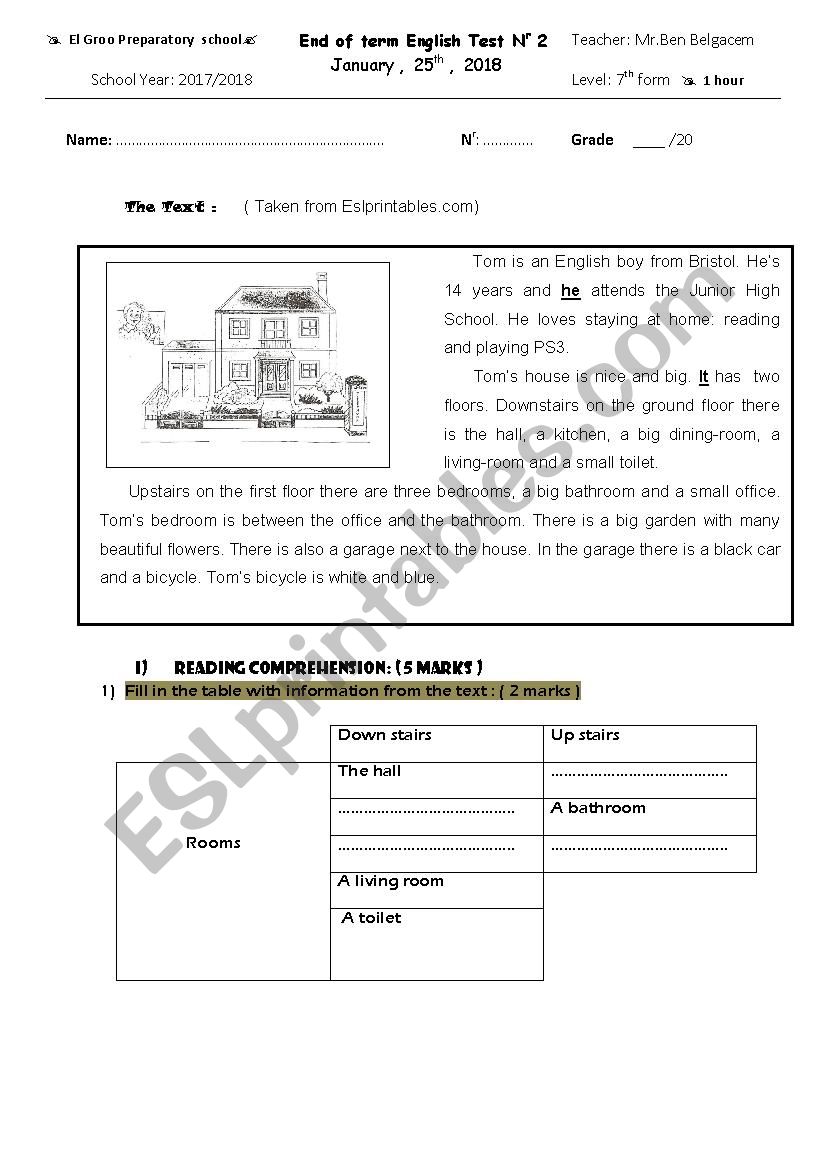 End of Semester test number1 worksheet