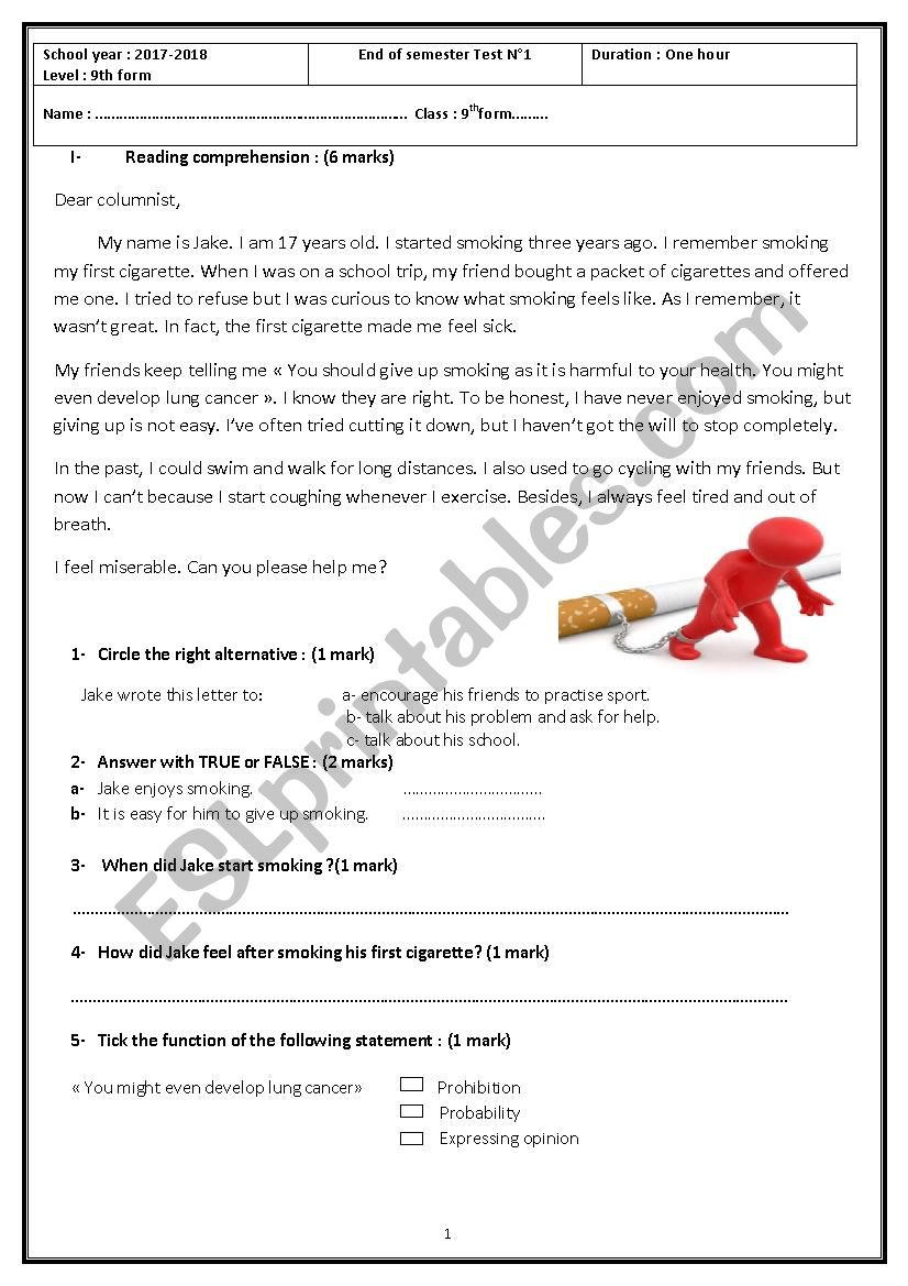 End of semester Test 1  worksheet