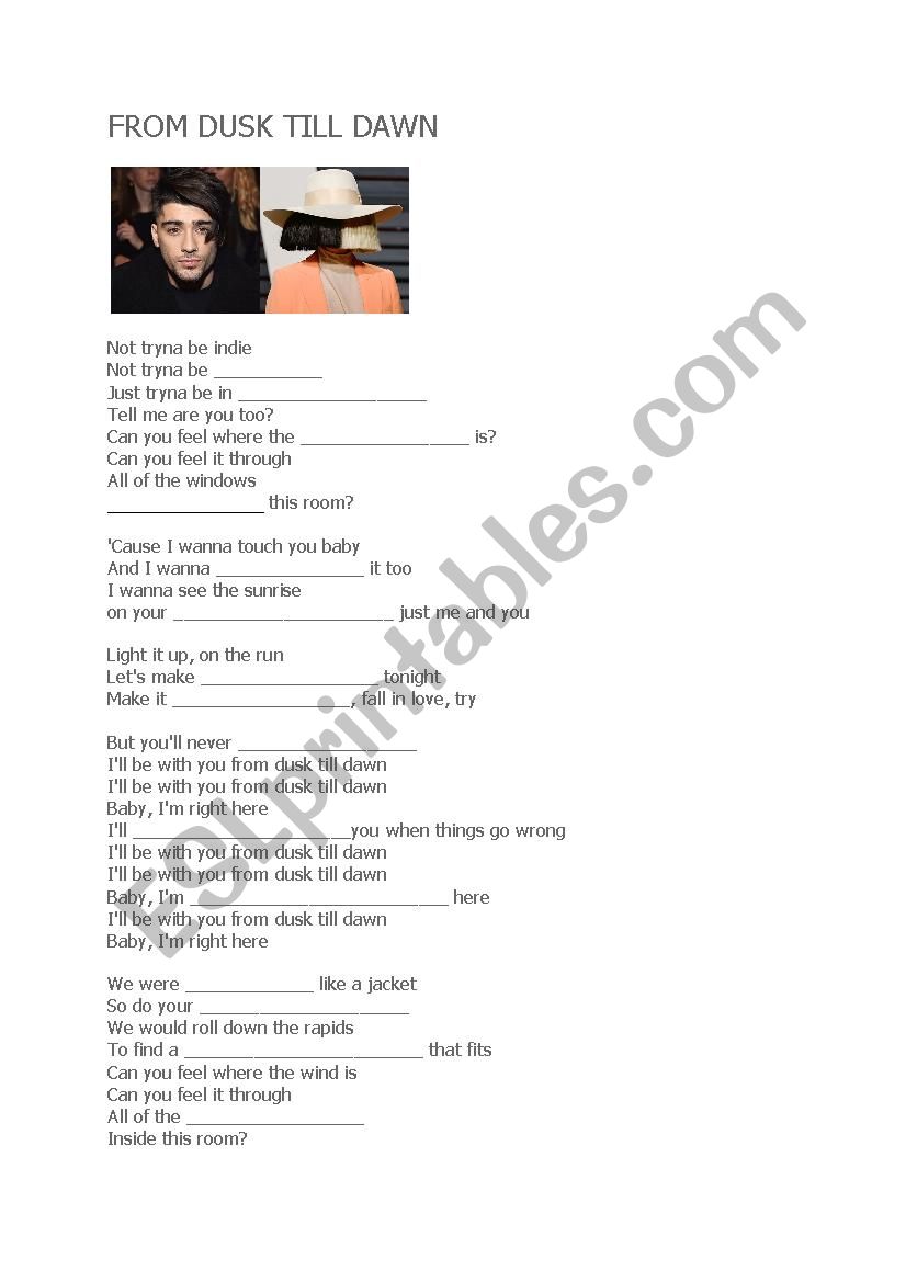 sia zayn dusk till down worksheet