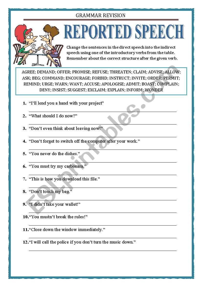 grammar revision reported speech reporting verbs exercises esl worksheet by keyeyti