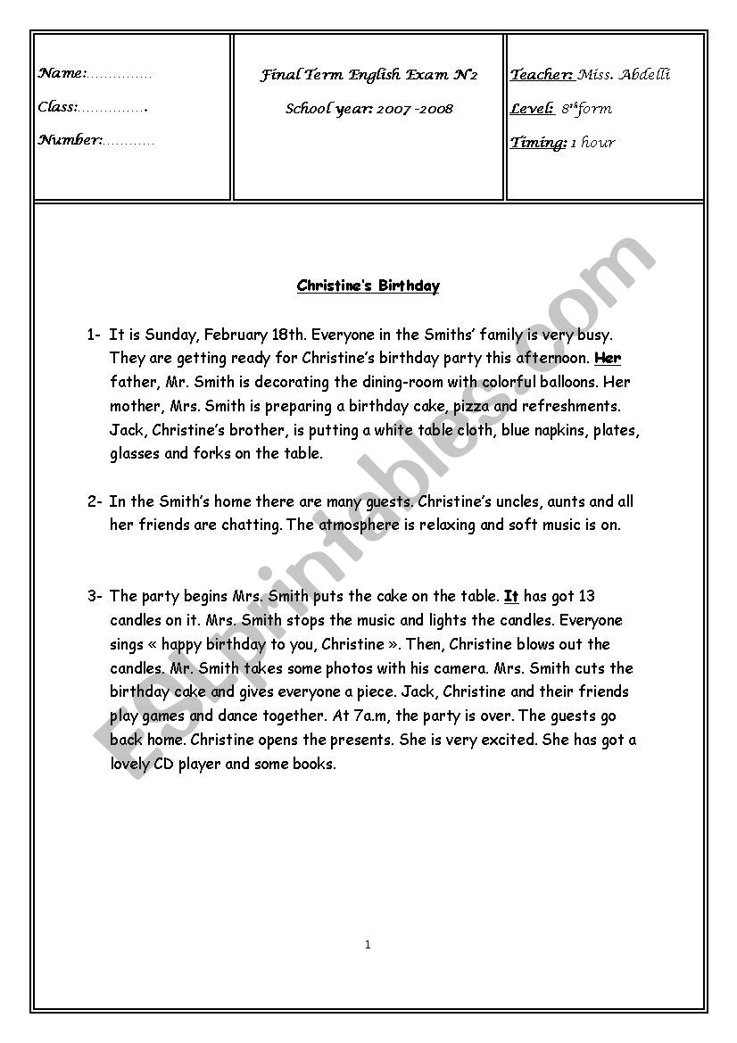 Final Term English Exam N2 worksheet