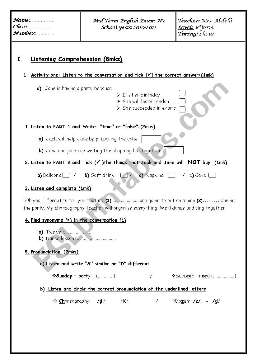 Mid Term English Exam NÂ°1 listening