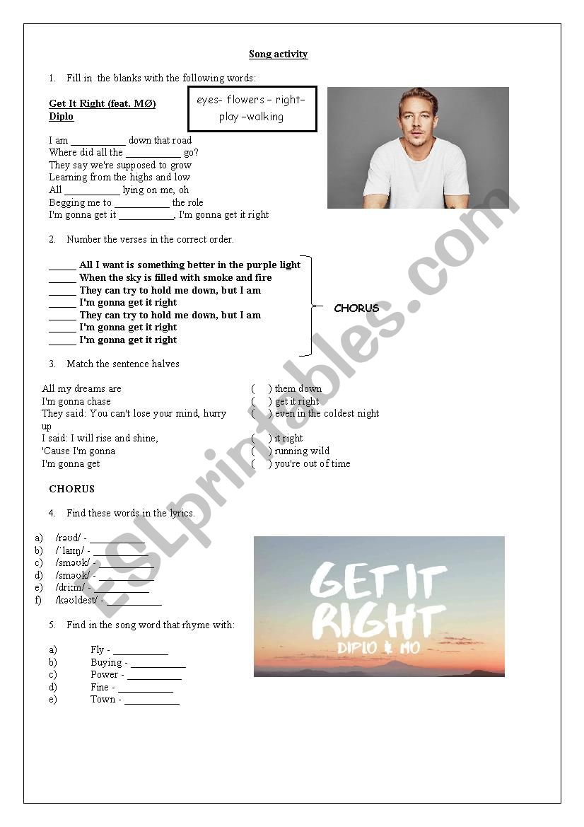 Song activity - Get it right worksheet