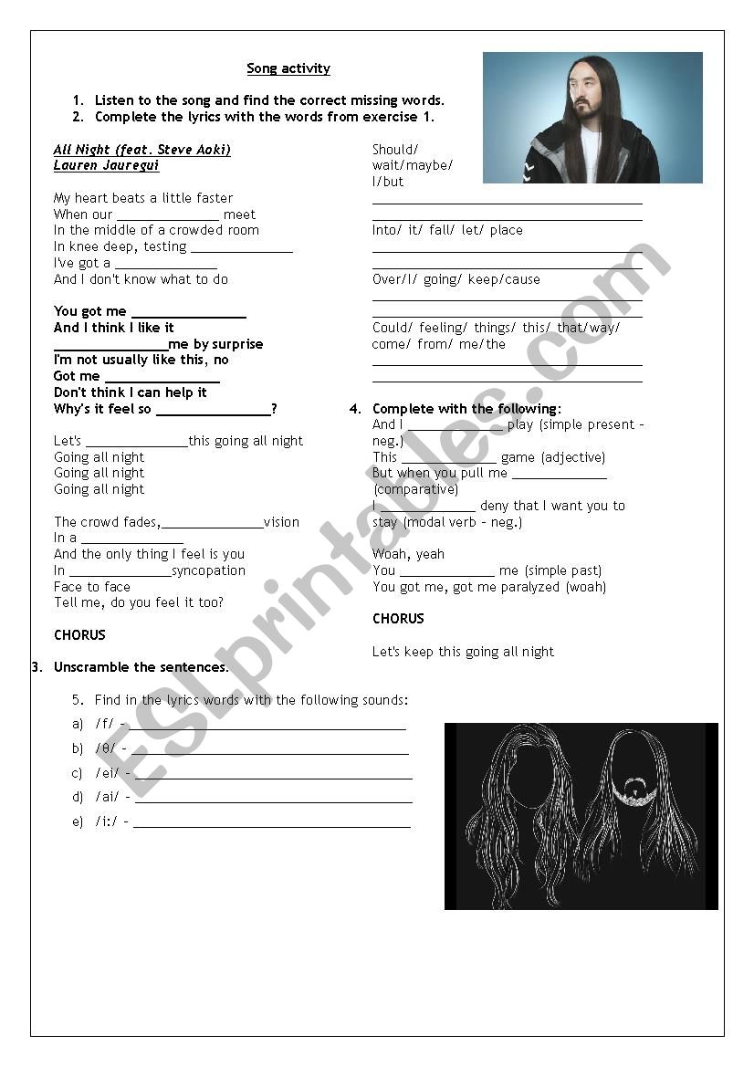 Song activity - All night worksheet