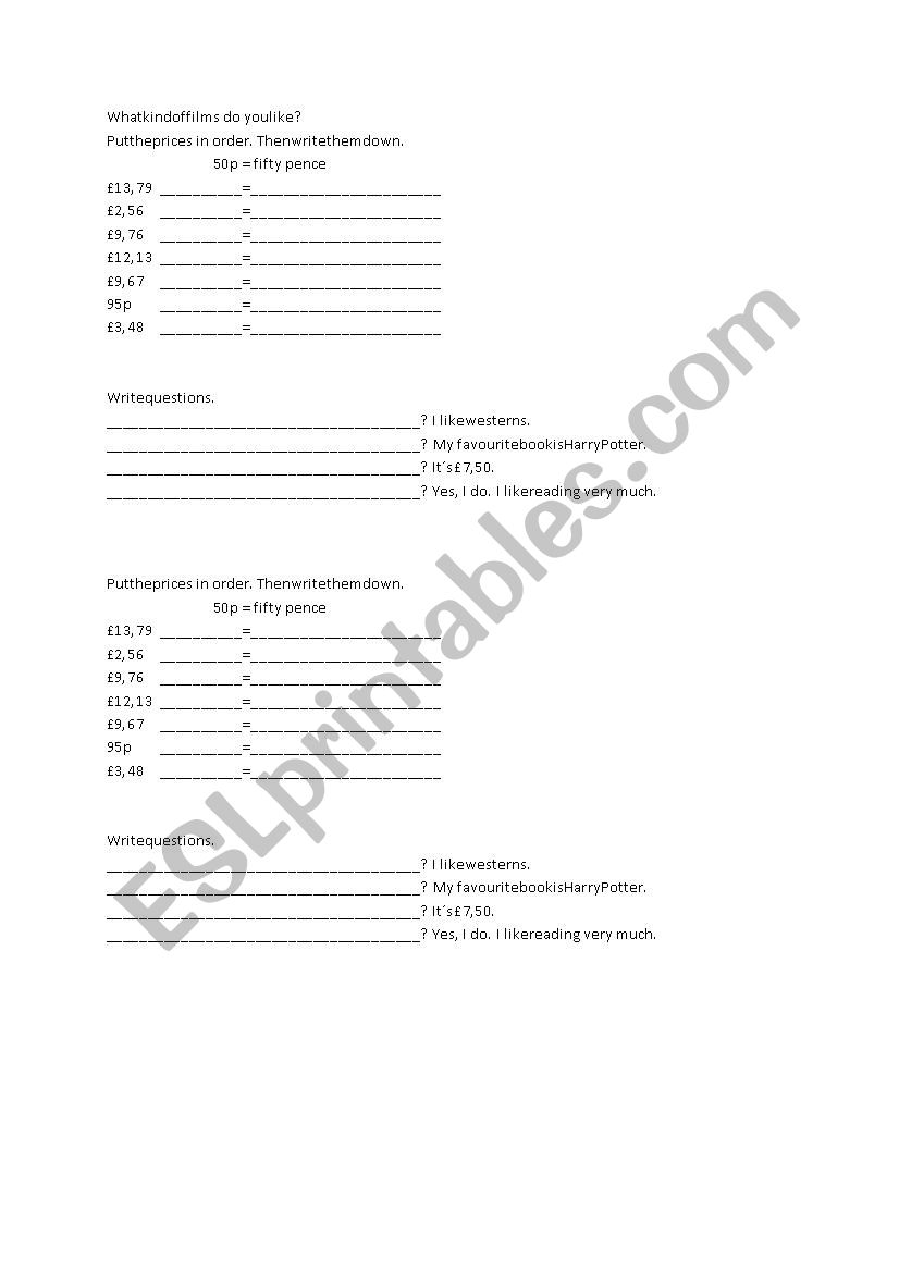 prices worksheet