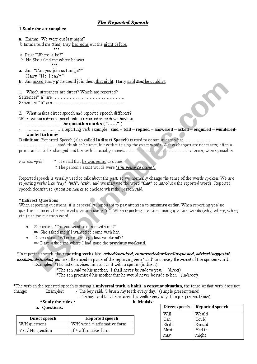 The reported speech worksheet