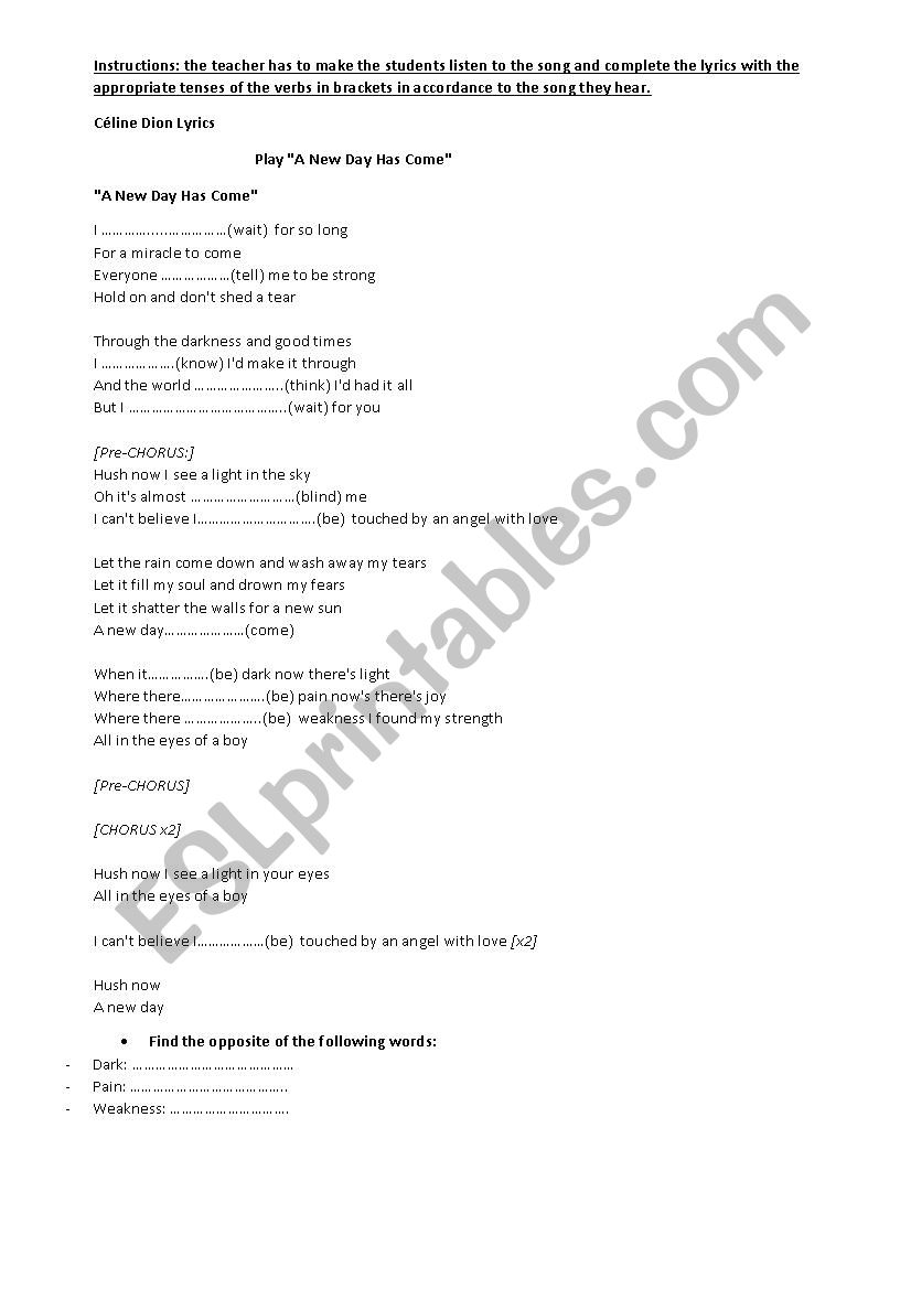 Celine dion - a new day has come song worksheet
