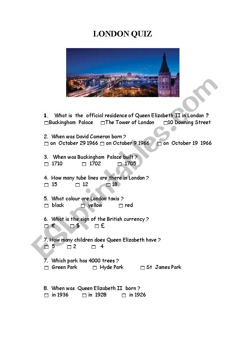 LONDON QUIZ worksheet