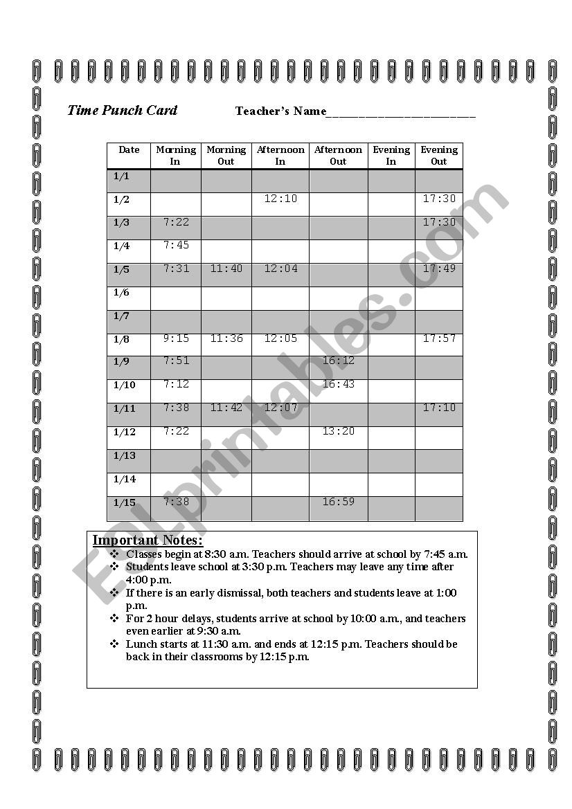 Time Punch Card Activity worksheet