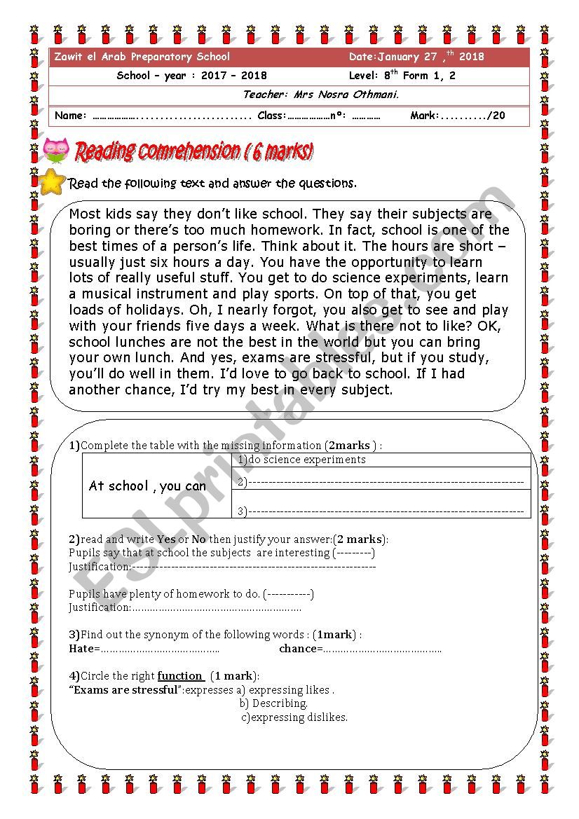 End of semester test n1 worksheet