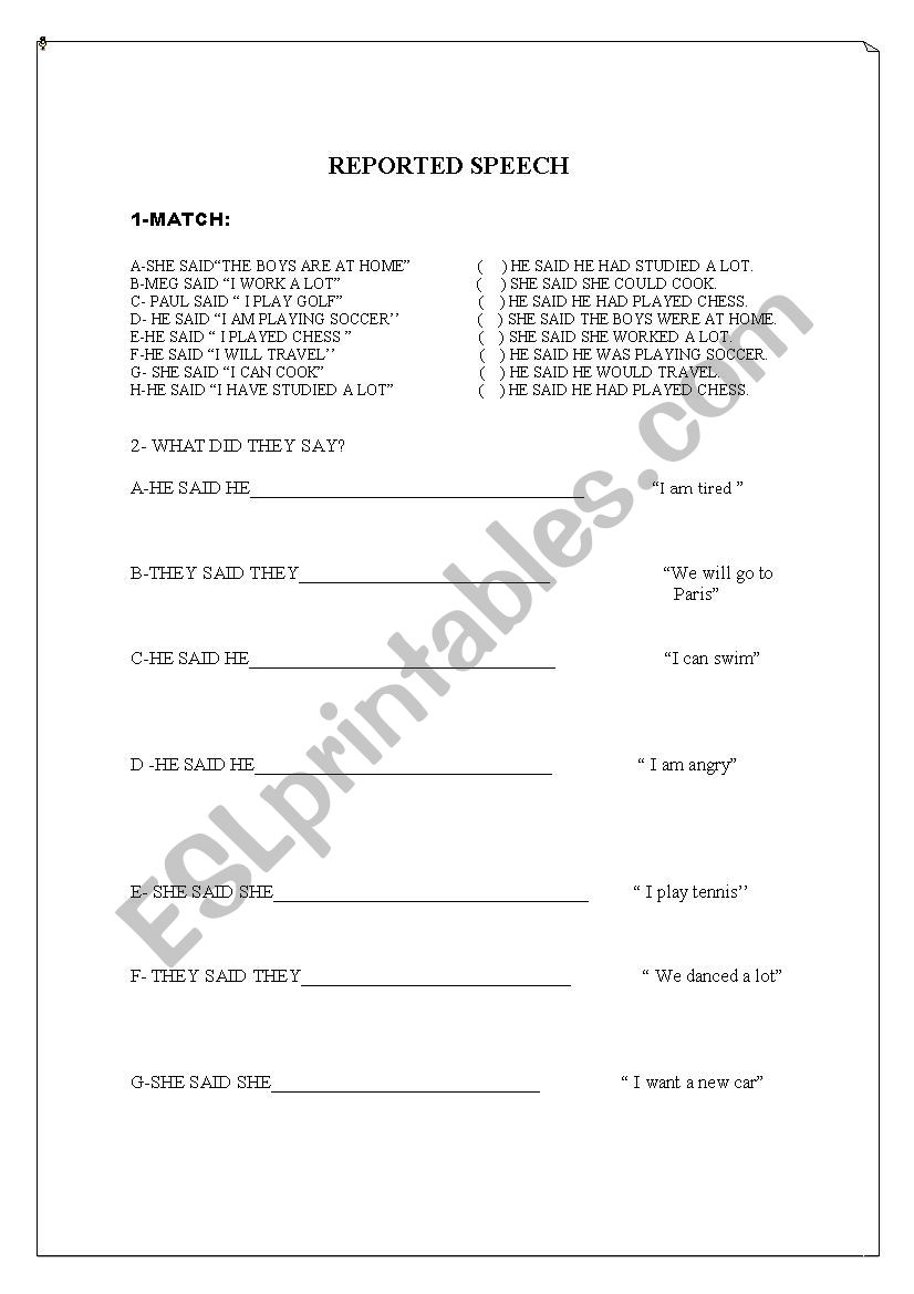 Reported Speech worksheet