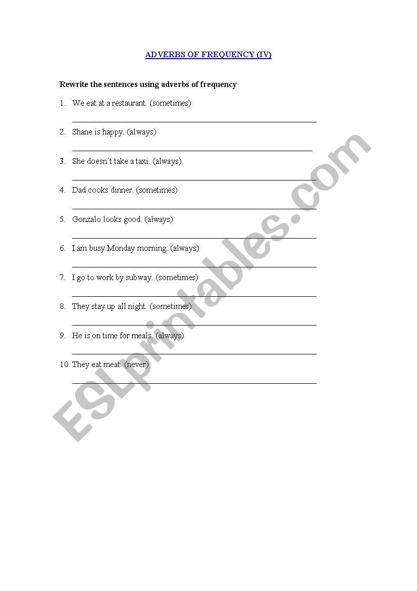 FREQUENCY ADVERBS (IV) worksheet