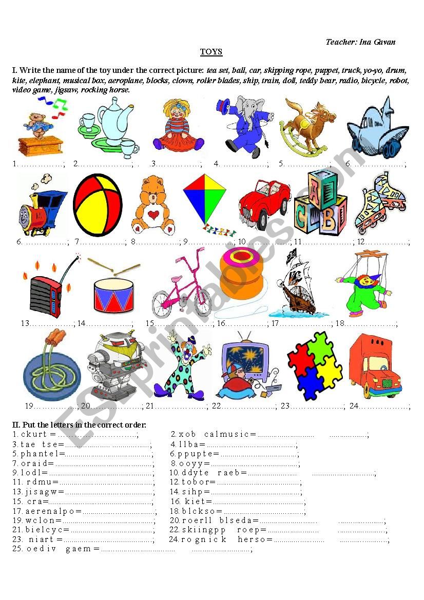 Toys practice worksheet