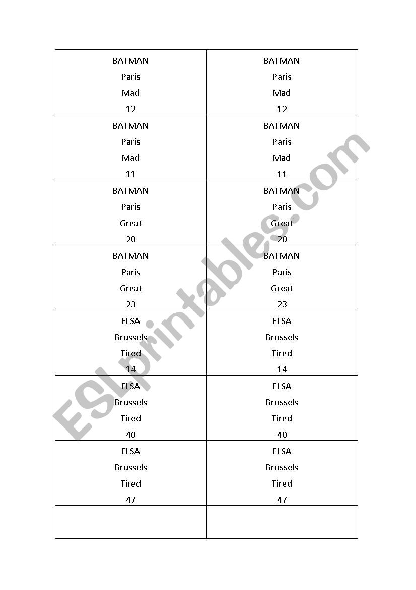 Find your partner game worksheet