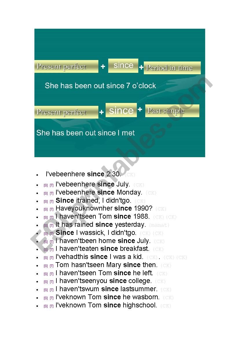 Present perfect with since worksheet