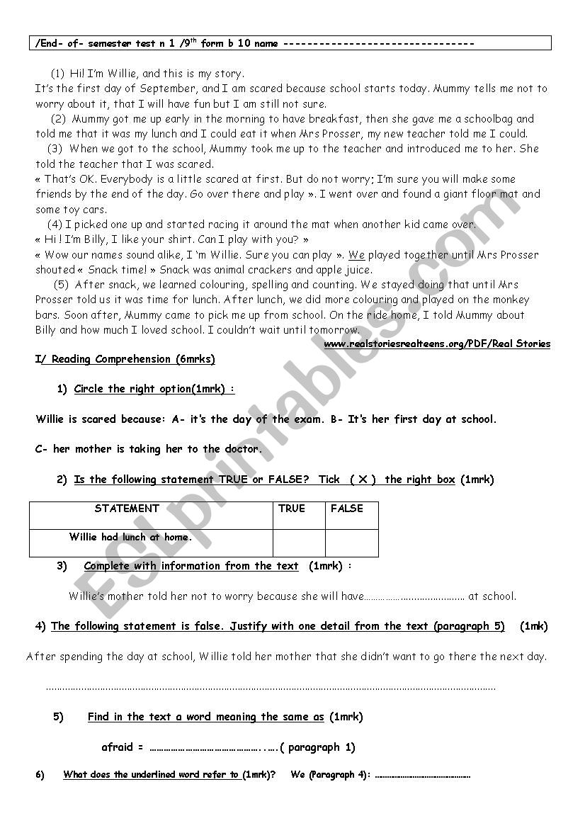 9th :End- of- semester test n 1 /9th form b10(2017-2018)