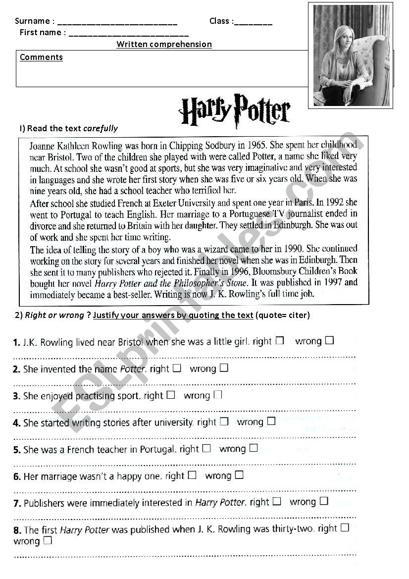 harry potter worksheet