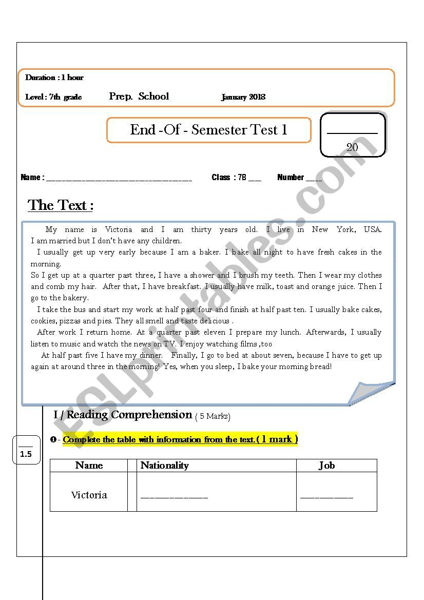 End- of - Semester Test worksheet