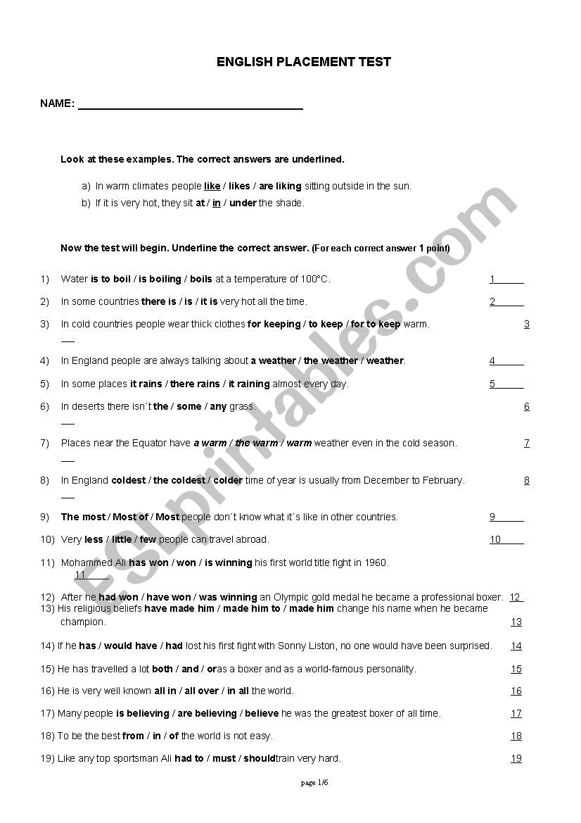 English Placement Test worksheet