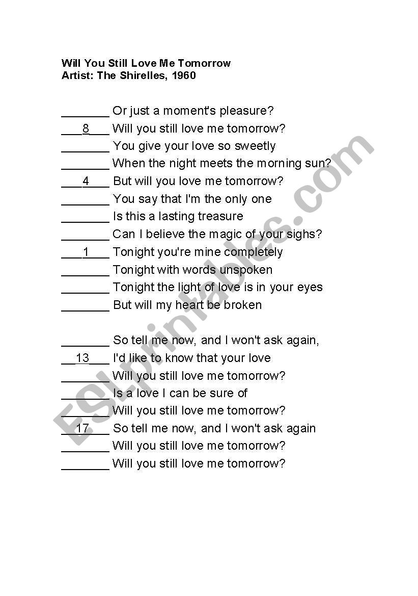 English Worksheets Will You Love Me Tomorrow