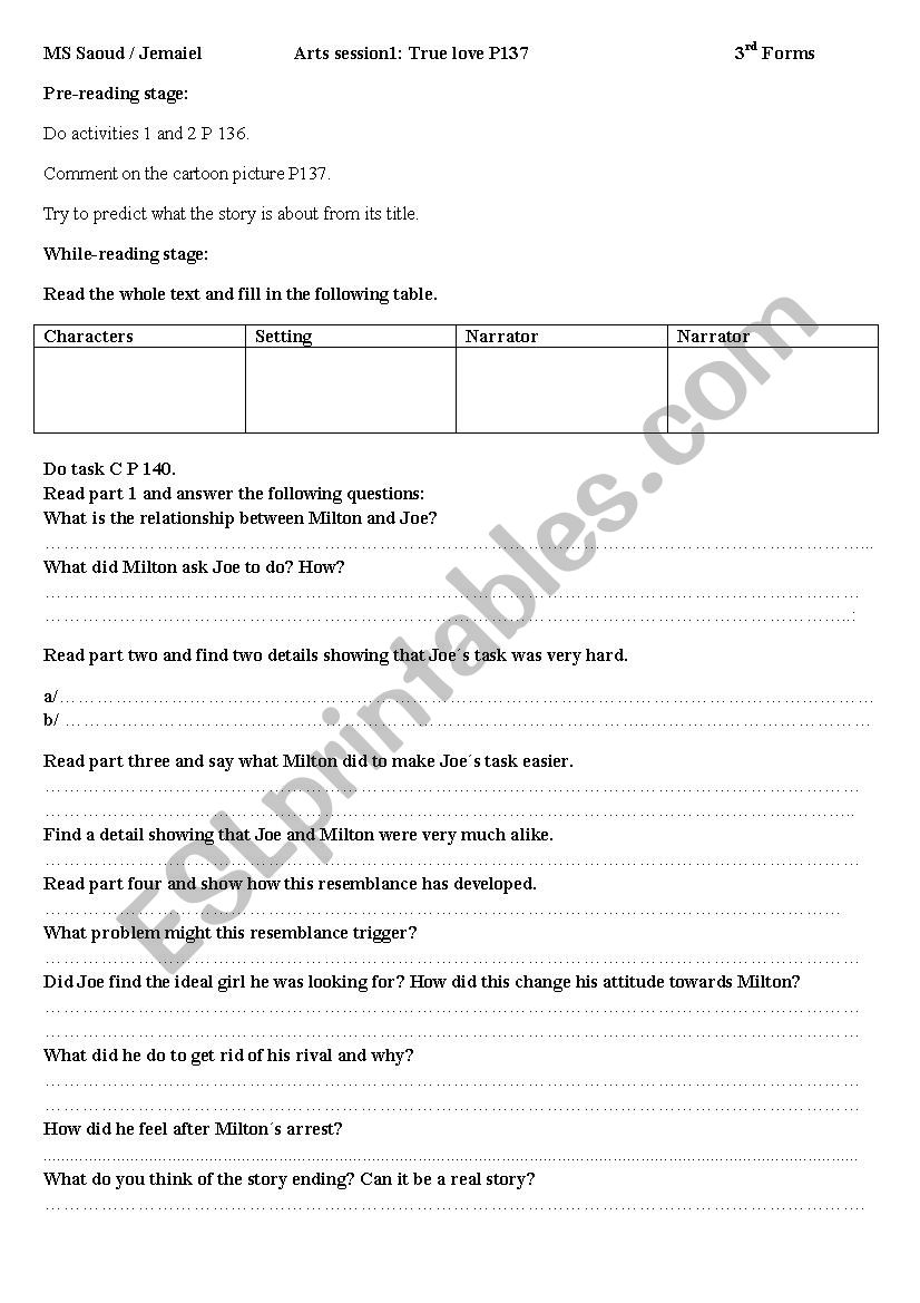 True Love for 3rd Form Arts worksheet
