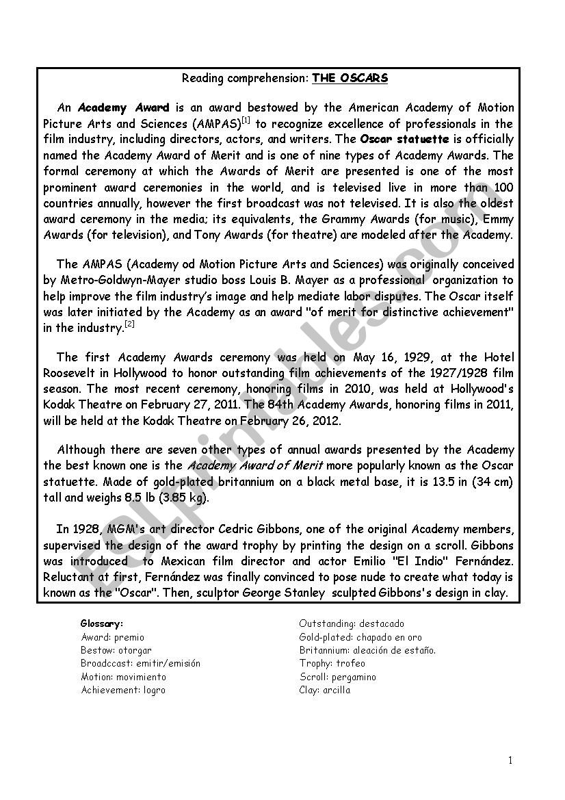 the Oscars reading PRUEBA ACCESO A CICLO SUPERIOR INGLÃ‰S