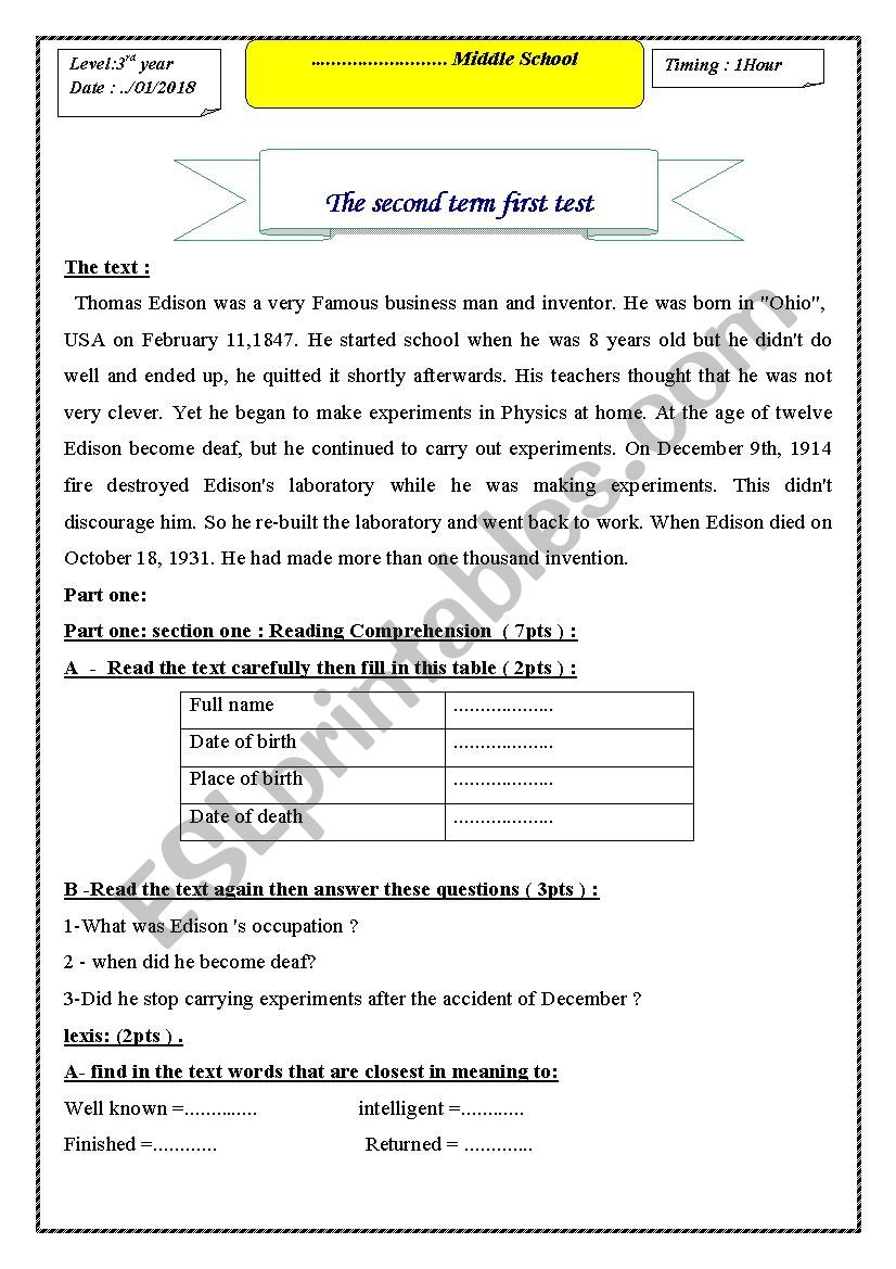 Thomas Edison  worksheet