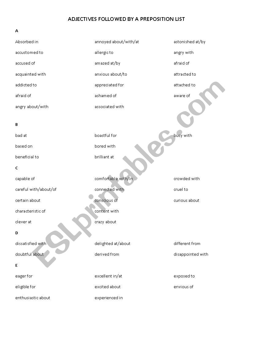 List of adjectives followed by prepositions