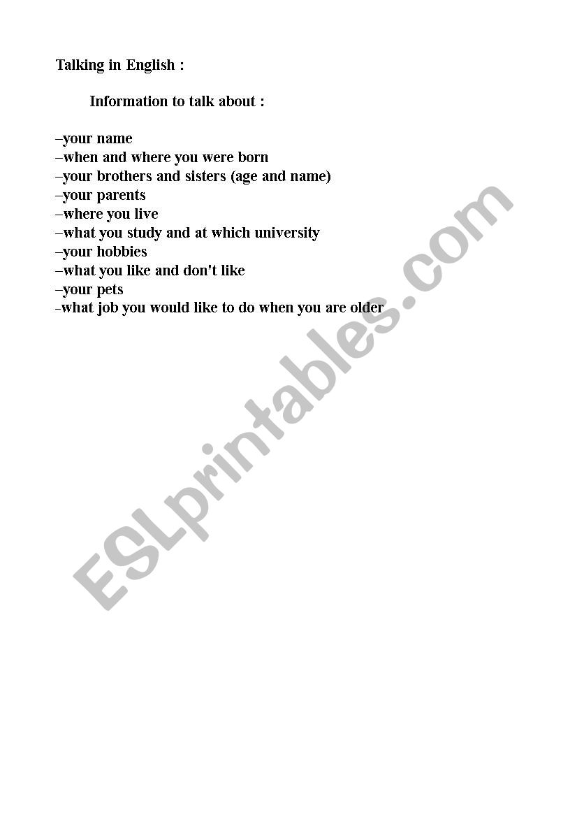 talking in English worksheet