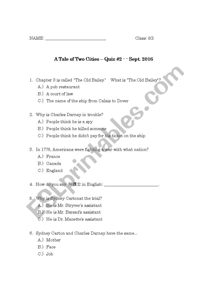 A Tale of Two Cities - Graded Reader Quiz #2
