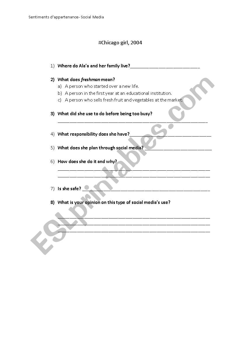 Chicago girl worksheet