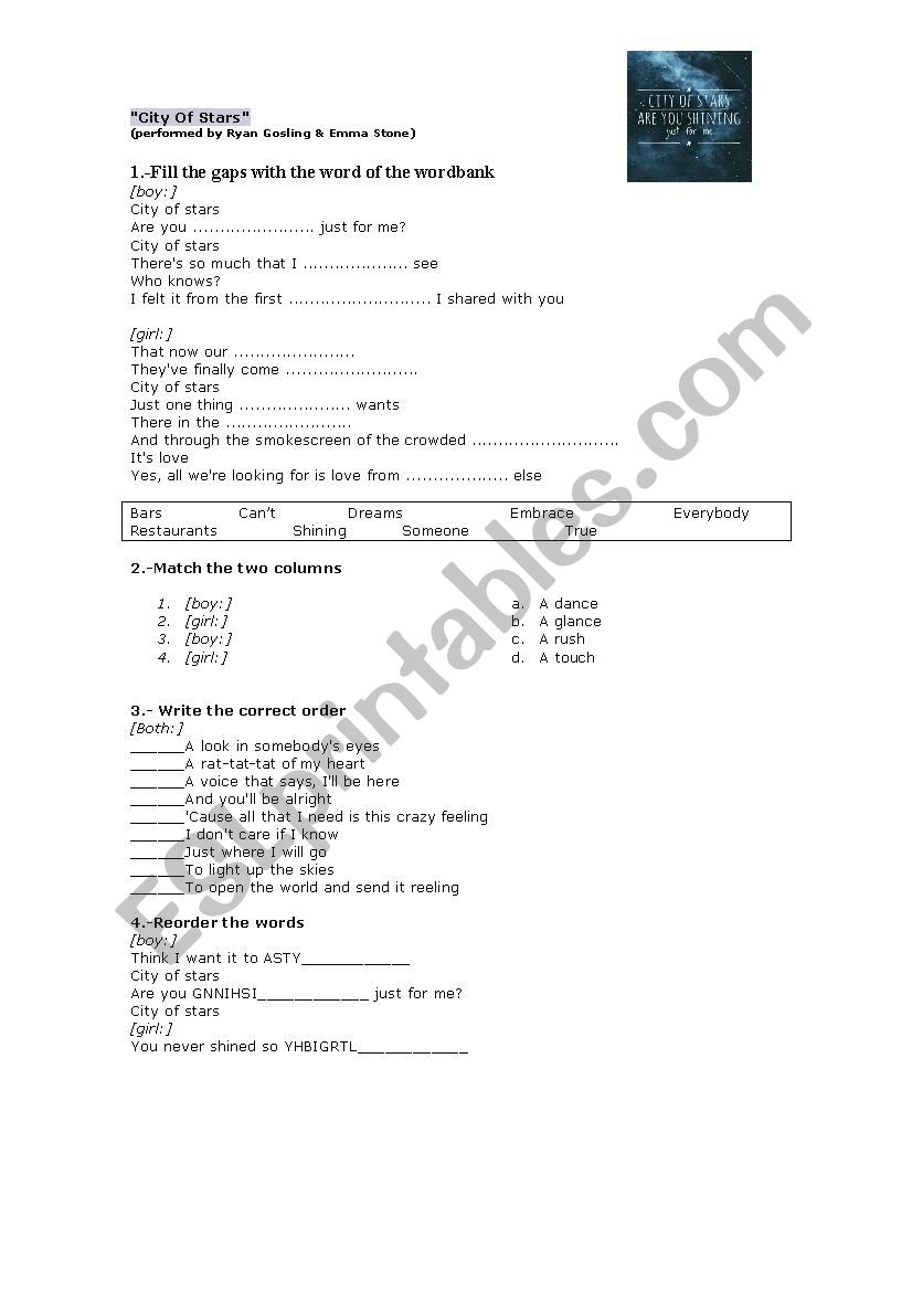 city of Stars song worksheet