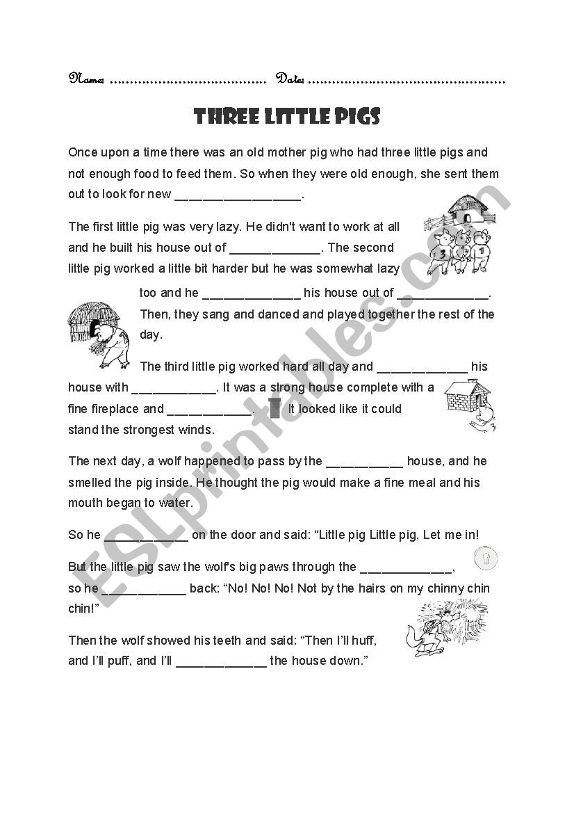 Three Little Pigs Fill in the blanks - ESL worksheet by milkyn2hp