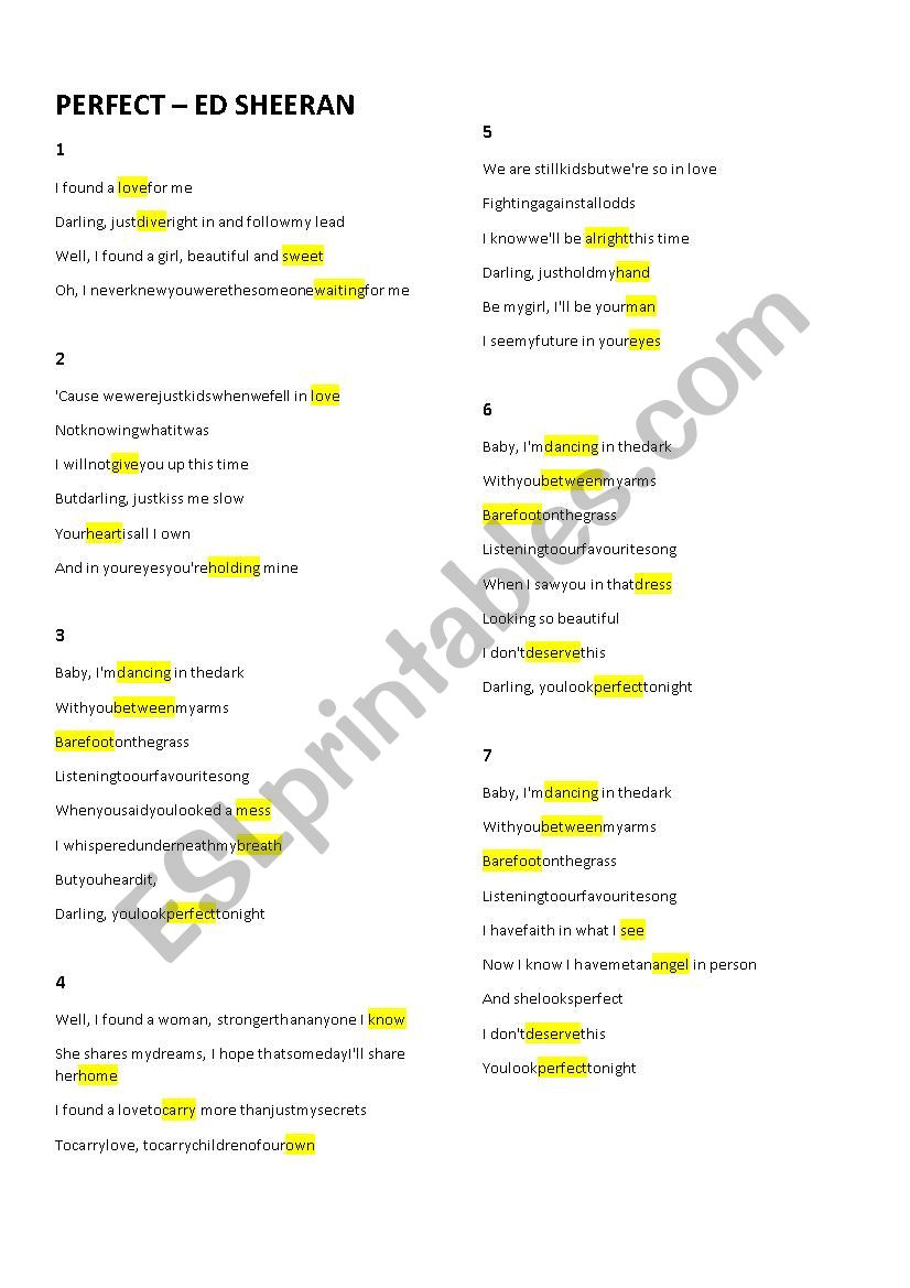 Ed Sheeran - Perfect - Lyrics worksheet