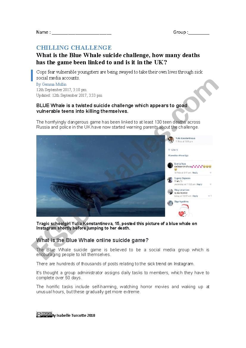 Blue Whale Chilling Challenge worksheet