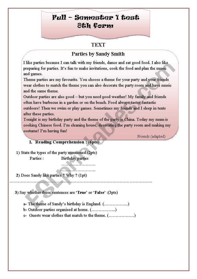 Full-semester 1 test 8th form worksheet