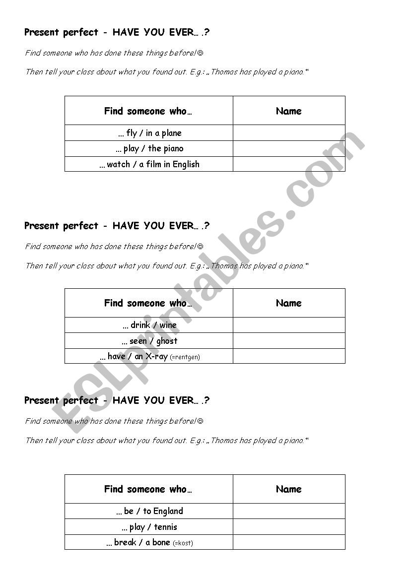 Find someone who... - Present perfect