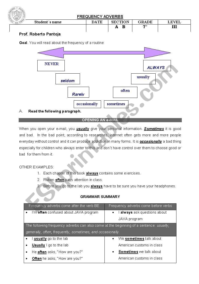 Frequency adverbs worksheet