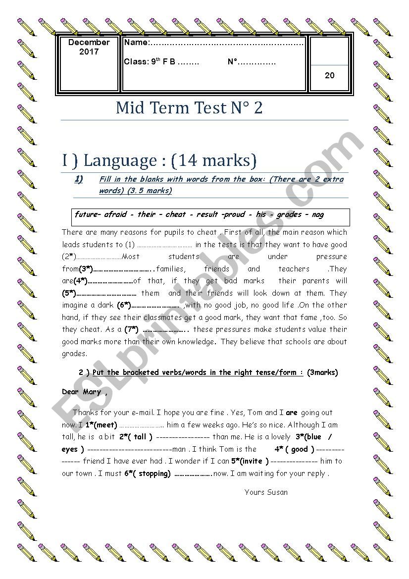 9th form mid term test N2 worksheet