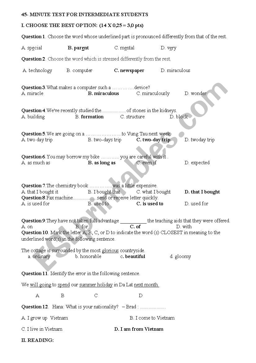 45- minute test worksheet