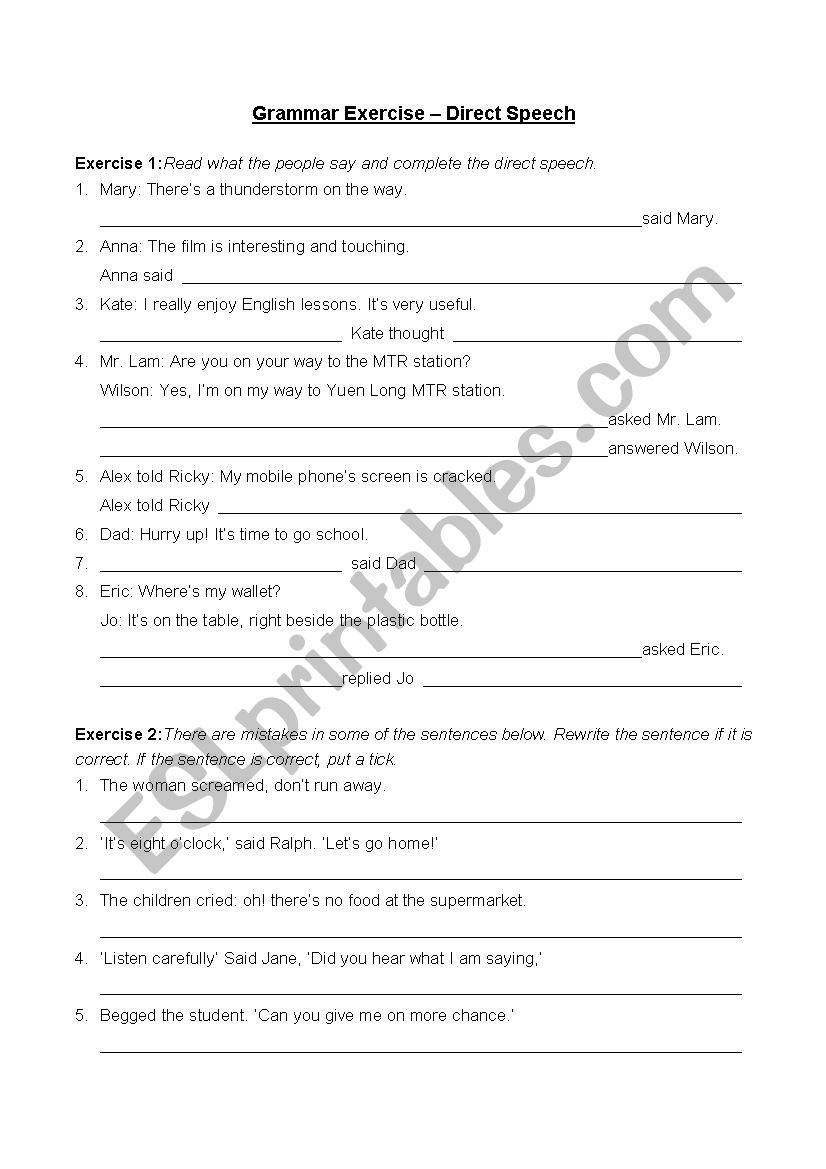 Direct Speech worksheet