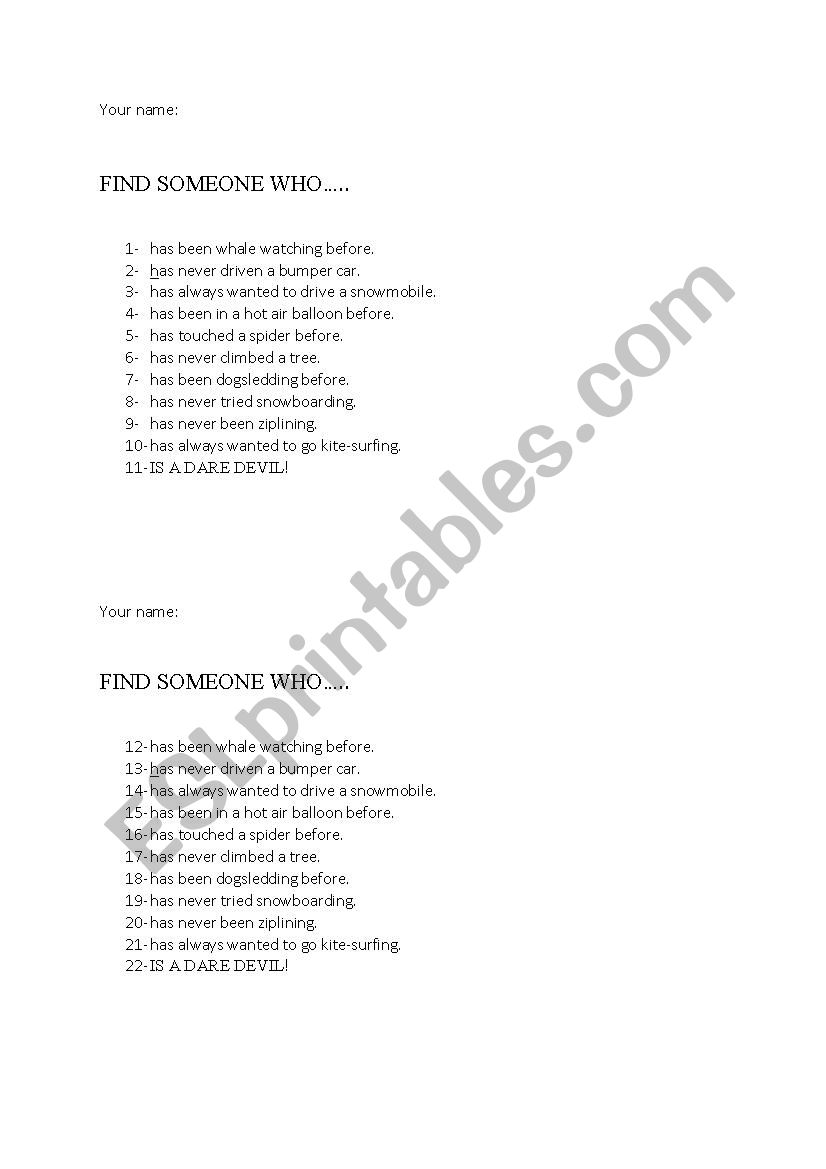 Find Someone Who worksheet