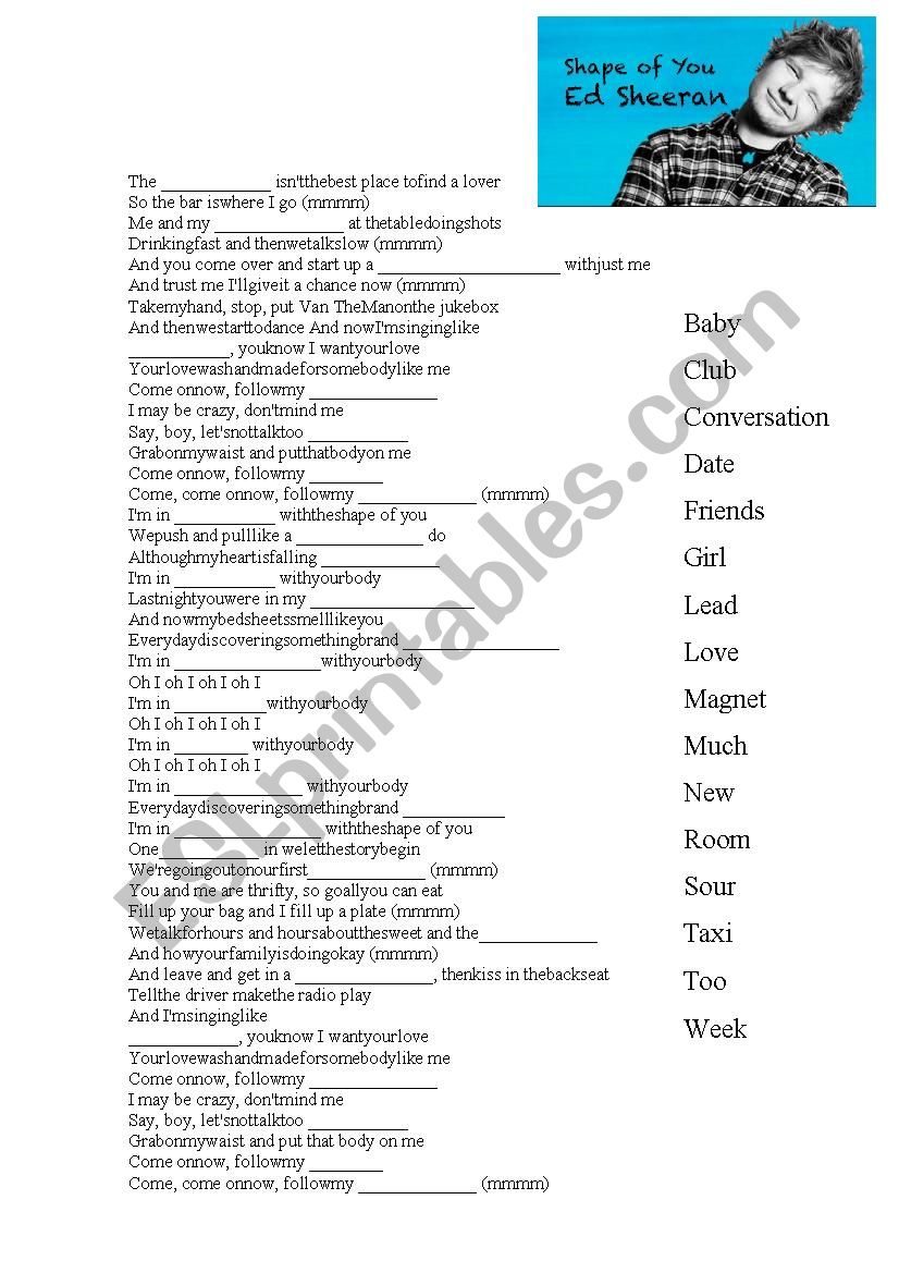 Ed Sheeran - Shape of you worksheet