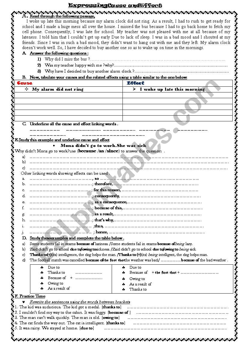 Expressing cause and effect  worksheet