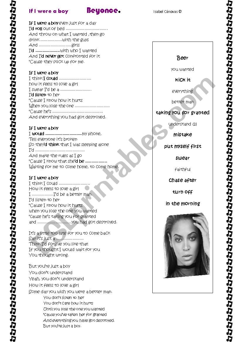 Beyonce     If I were a boy worksheet