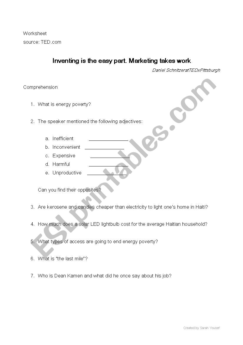 Worksheet based on a TED talk: Inventing is the easy part. Marketing takes work
