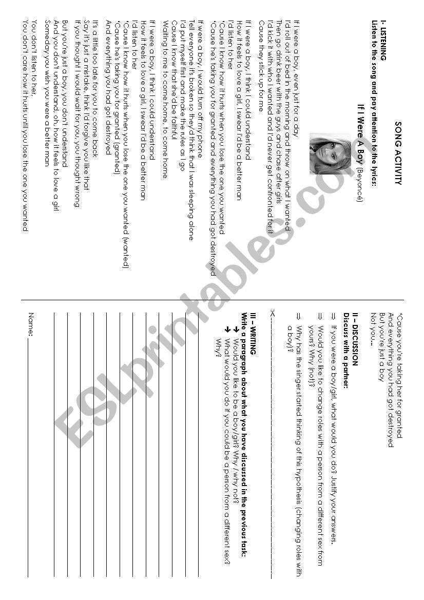 If I were a boy - Song Activity - ESL worksheet by mligia