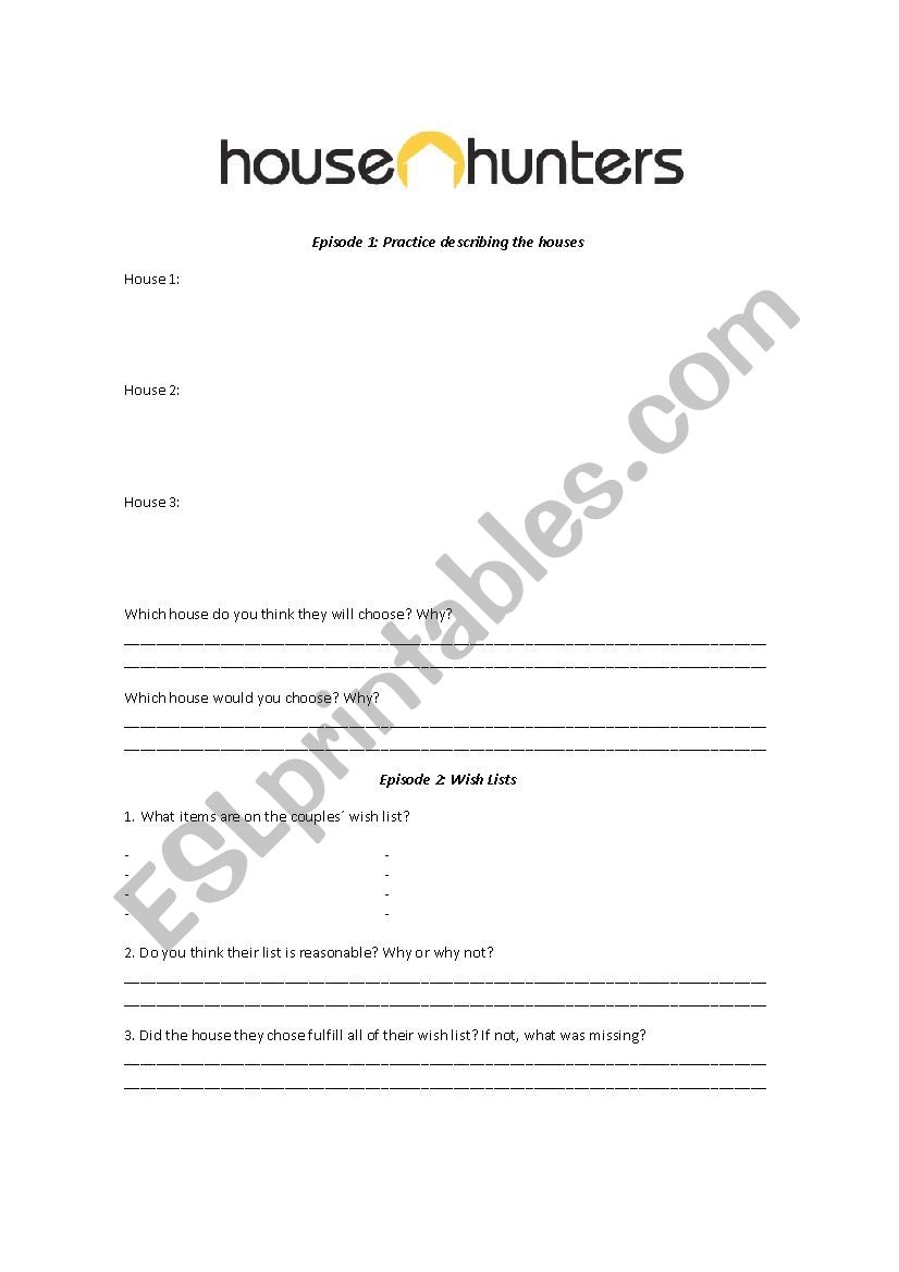 House Hunteres Activity worksheet