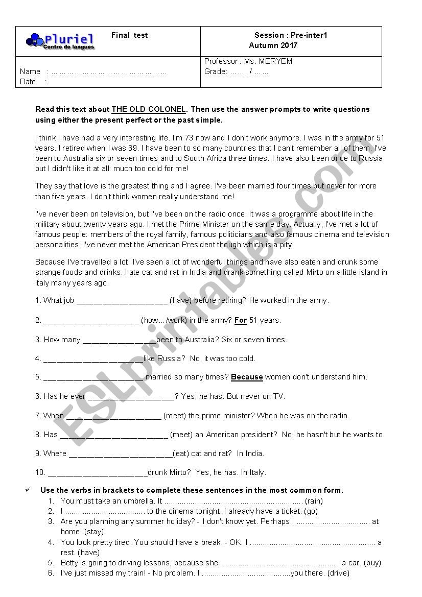 pre-intermediate 1 test worksheet